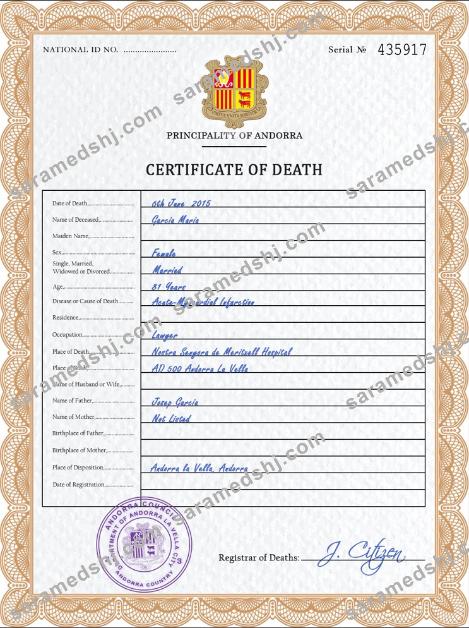 Andorra death certificate PSD template
